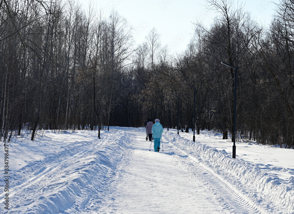  Citizens for a walk in a snowy city park