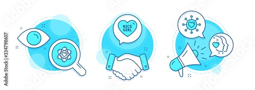 Dating network, Heart and Nice girl line icons set. Handshake deal, research and promotion complex icons. Atom sign. Relationships network, Love head, Love heart. Electron. Love set. Vector
