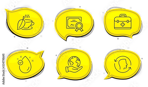 Face id sign. Diploma certificate, save planet chat bubbles. First aid, Mint tea and Vitamin e line icons set. Medicine case, Mentha beverage, Oil drop. Identification system. Healthcare set. Vector