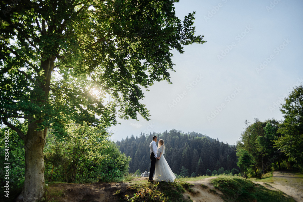 Photoshoot of a couple in love in the mountains. The girl is dressed like a bride in a wedding dress.