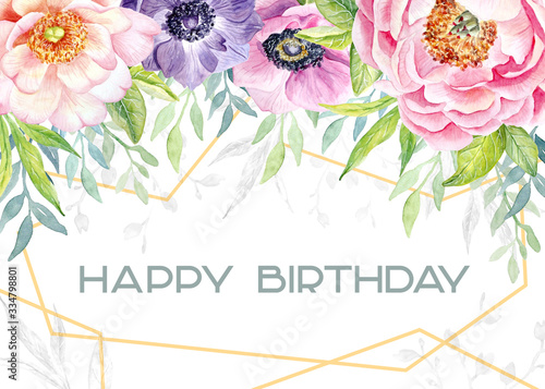 postcard watercolor peonies and leaves