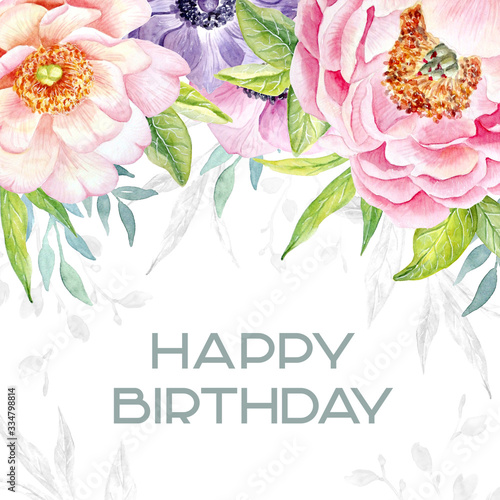 postcard watercolor peonies and leaves