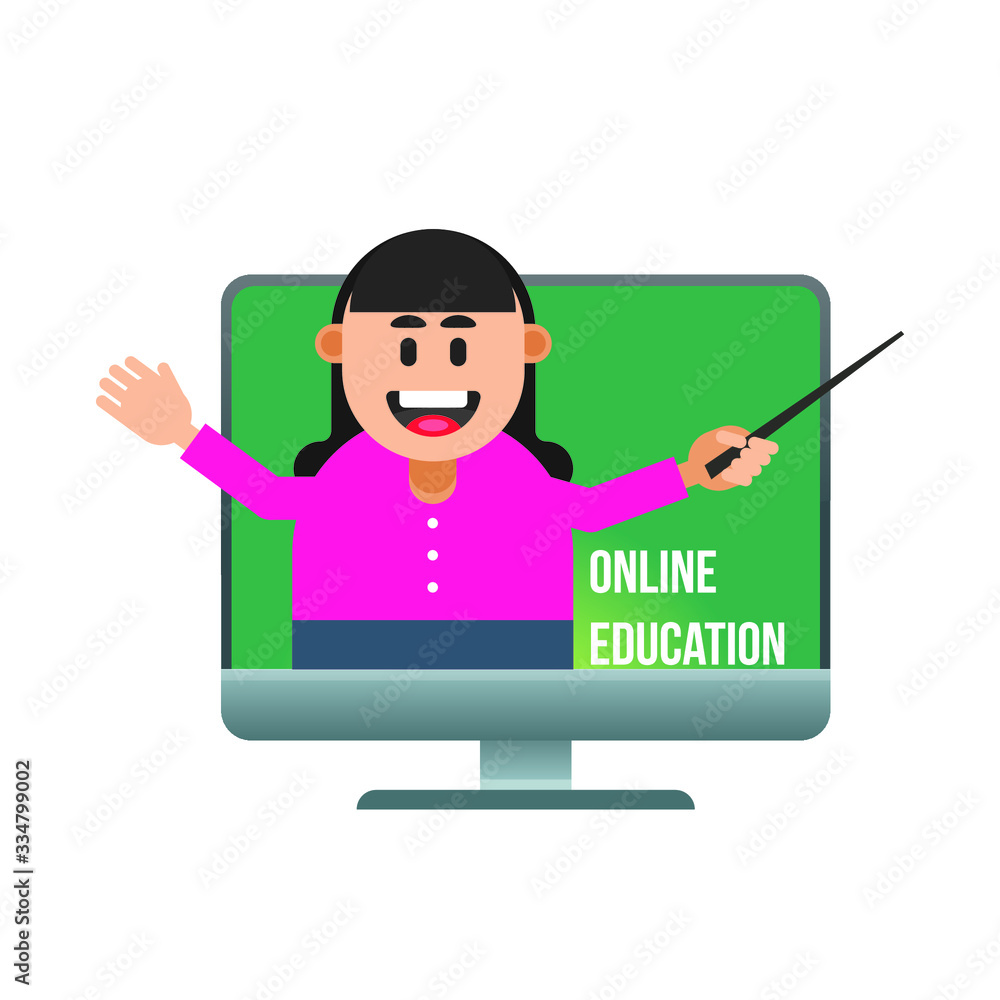 Online education concept with teacher woman on computer screen. vector illustration, isolated on white background Online education concept with teacher woman on computer screen. vector illustration, isolated on white background