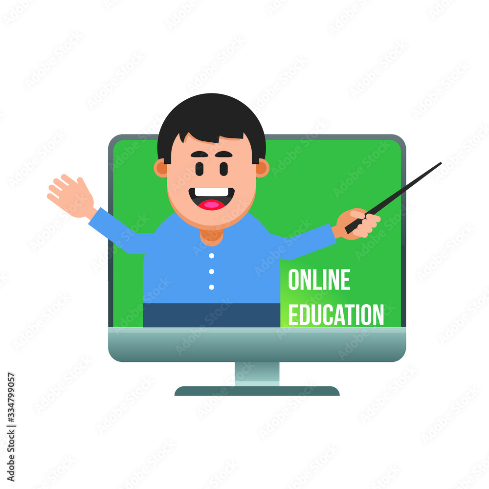 Online education concept with teacher on computer screen. vector illustration, isolated on white background