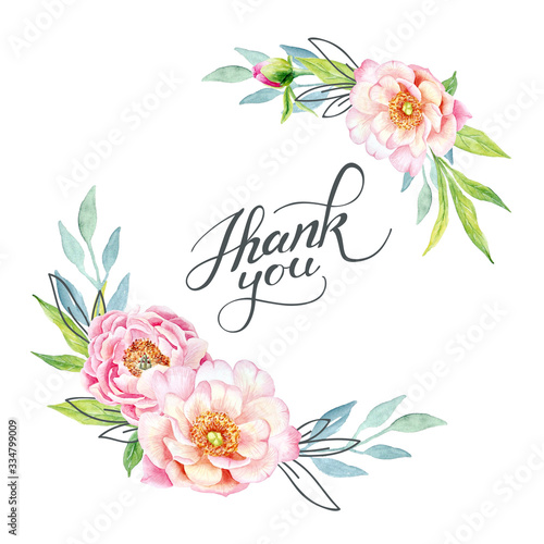 postcard watercolor peonies and leaves