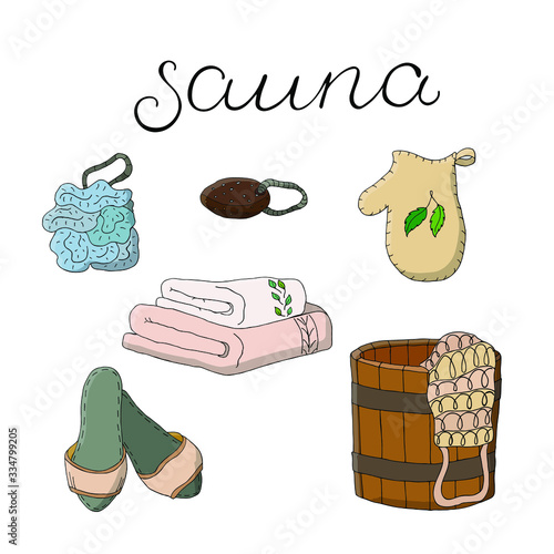 A set of items for the Finnish sauna. Bath sponge, tub, massage mitt, pumice, slippers and cotton towels for the Russian steam room. Sauna calligraphy inscription with ink. Bath vector elements.