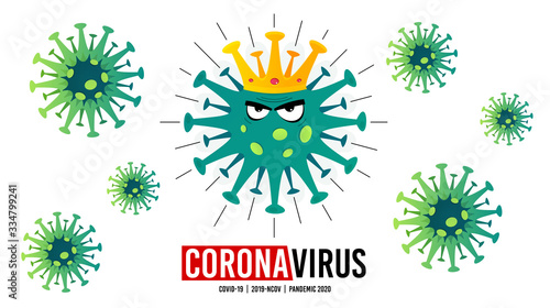 Angry coronavirus COVID-19 in crown. Corona virus outbreak. 2019-ncov pandemic. Stop coronavirus disease. Respiratory influenza covid virus. Quarantine, self-isolation. Covid-19 pandemic virus. Vector