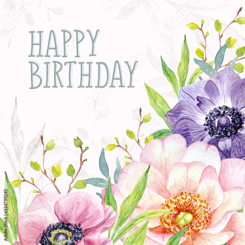 postcard watercolor peonies and leaves