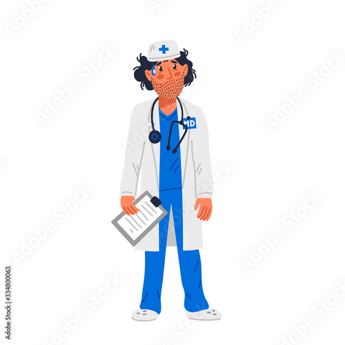 Doctor. Tired doctor in medical gownwith Stubble on face. Medical team in conditions of coronavirus pandemic, covd-19 quarantine. Flat style vector illustration.