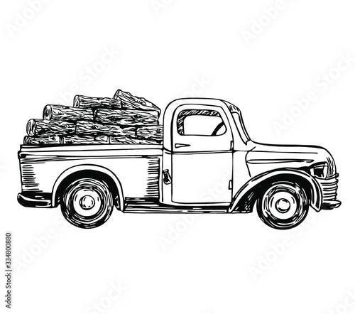 Pickup truck with firewood in line art style.