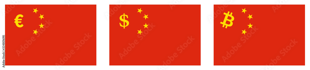 Flag of China, stars replaced with euro, dollar, bitcoin sign. Chinese trade to Europe, United States and cryptocurrency trading concept Flag of China, stars replaced with euro, dollar, bitcoin sign. Chinese trade to Europe, United States and cryptocurrency trading concept