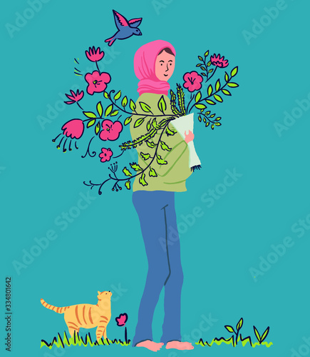 Muslim pregnant young woman with flowers and a cat. Postcard illustraion.