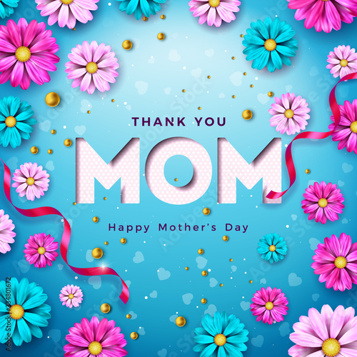 Happy Mother's Day Greeting Card Design with Flower and Typography Letter on Blue Background. Vector Celebration Illustration Template for Banner, Flyer, Invitation, Brochure, Poster.