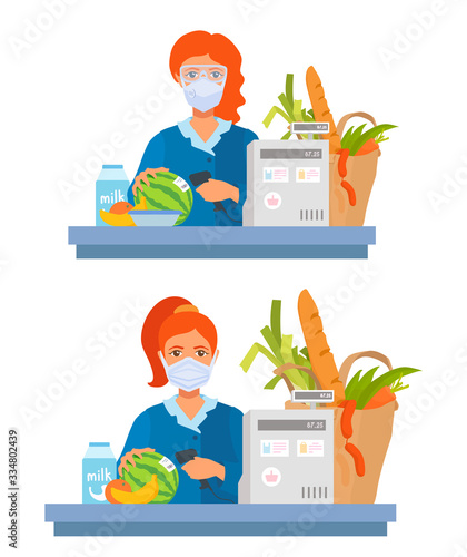 A grocery store cashier scans purchases. A girl seller in a medical mask and protective eyeglasses. Safe shopping during the pandemic. Coronavirus prevention. 