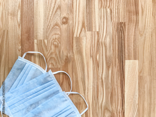 Pair of latex medical gloves, medical masks, sanitizer gel for hand hygiene, remedies, soap, disinfector. Coronavirus prevention