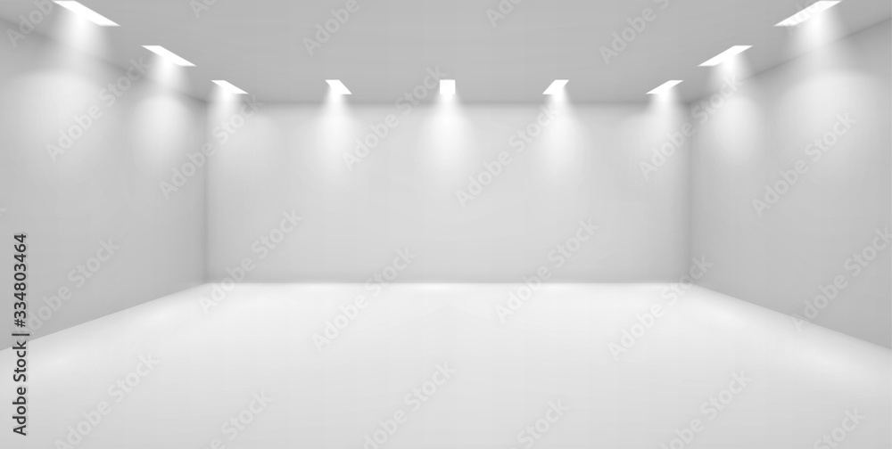 Εκτύπωση καμβά Art gallery empty 3d room with white walls, floor and illumination lamps around perimeter