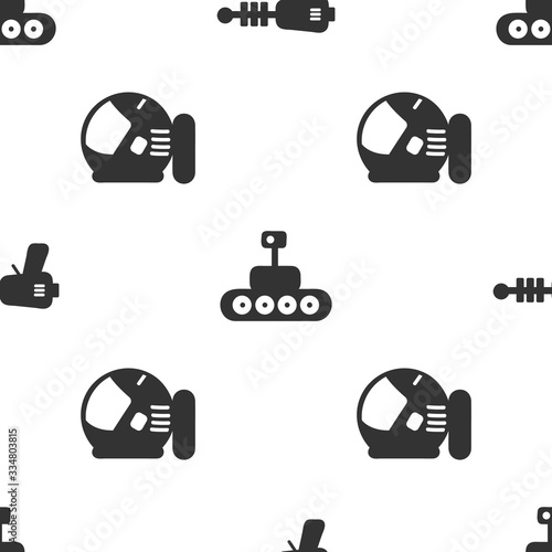 Set Ray gun, Mars rover and Astronaut helmet on seamless pattern. Vector