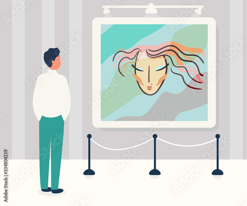 Man in Contemporary Art Gallery Vector Illustration. Abstract Paintings.Museum Exposition. Drawing Canvas Display on Wall, Room Interior. Artistic Exhibition vector illustration flat cartoon