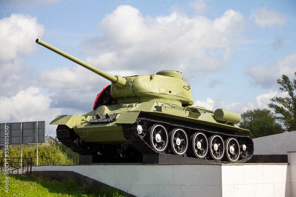 VELIKY NOVGOROD, RUSSIA - August 23, 2019: Memorial complex in honor of the 30th anniversary of the Victory in the Great Patriotic War. Soviet tank T-34.