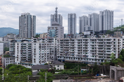 City view of Wulong Chongqing high rise buildings, modern residential, shopping center. Wulong Chongqing, China.