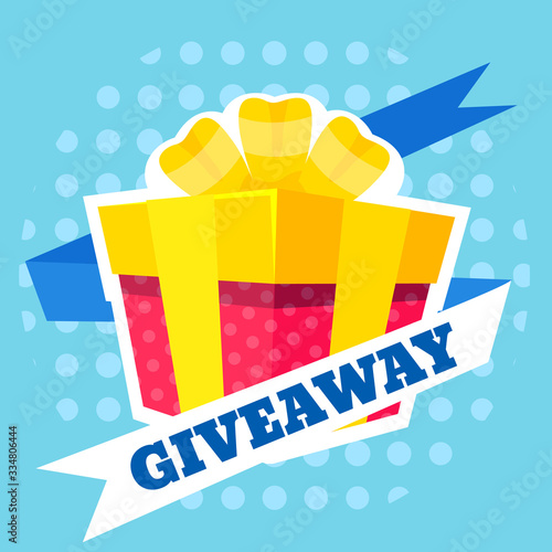 Colorful free - giveaway wrapped gift box. Motivation for customers. Quiz, giveaways post, free gifts box prize with ribbon and holidays surprise inside. Vector illustration.