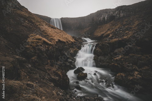 Touring a Icelandic waterfall in spring