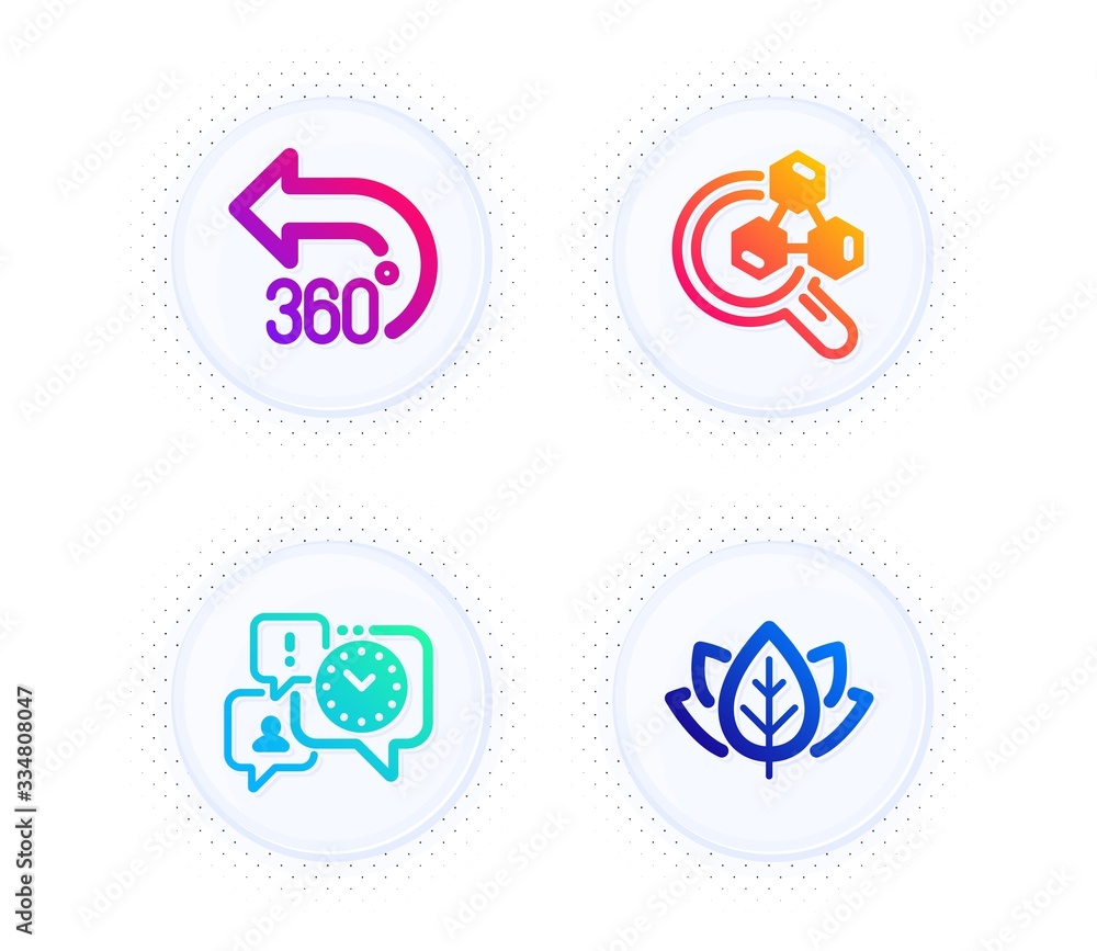 Chemistry lab, 360 degrees and Time management icons simple set. Button with halftone dots. Organic tested sign. Lab research, Full rotation, Office chat. Bio ingredients. Science set. Vector