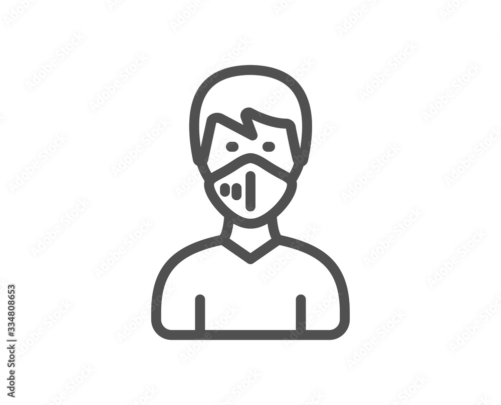 Man with medical mask line icon. Safety breathing respiratory mask sign. Coronavirus face protection symbol. Quality design element. Editable stroke. Linear style medical respirator icon. Vector