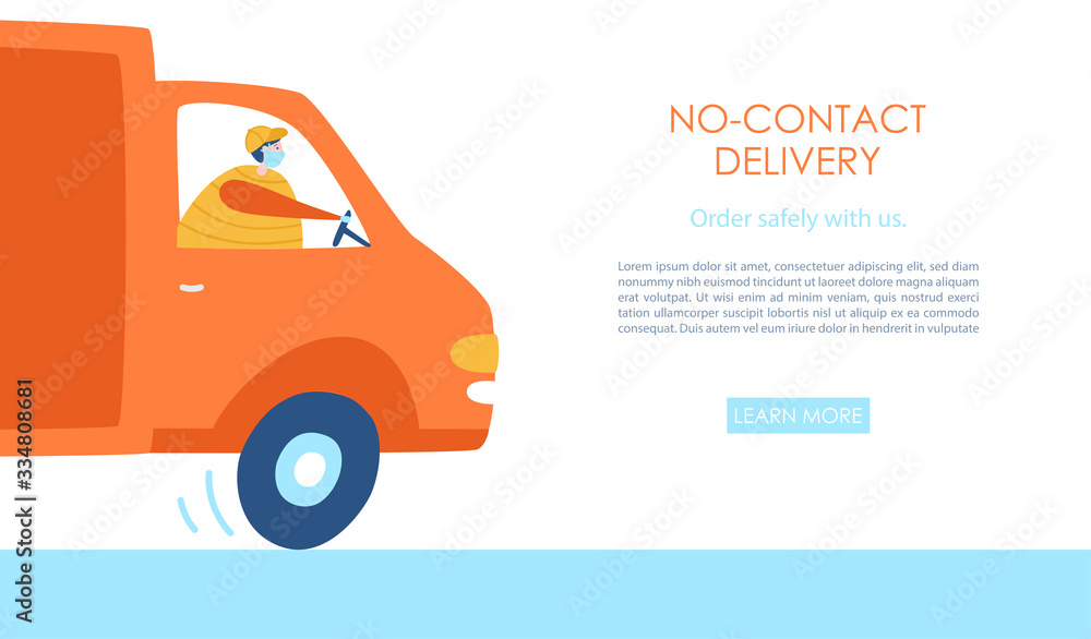 No-distance delivery. Courier wearing face mask and gloves. Carrying order in the truck. Delivery service during Coronavirus quarantine. Landing page design for websites. No-distance delivery. Courier wearing face mask and gloves. Carrying order in the truck. Delivery service during Coronavirus quarantine. Landing page design for websites.