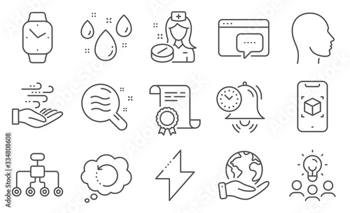 Set of Science icons, such as Wind energy, Energy. Diploma, ideas, save planet. Smartwatch, Augmented reality, Skin condition. Seo message, Rainy weather, Head. Vector