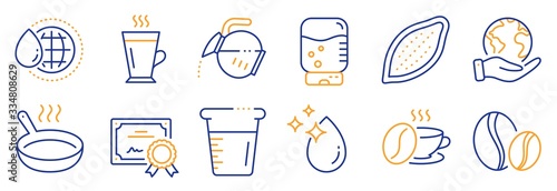 Set of Food and drink icons, such as Coffee pot, Frying pan. Certificate, save planet. Water drop, Water cooler, Cooking beaker. Coffee beans, Cocoa nut, Latte line icons. Vector