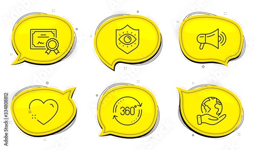 Eye protection sign. Diploma certificate, save planet chat bubbles. Heart, Megaphone and Full rotation line icons set. Love, Advertisement, 360 degree. Optometry. Business set. Vector