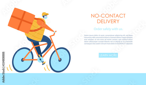 No-distance delivery. Courier wearing face mask and gloves. Carrying order on the bicycle. Delivery service during Coronavirus quarantine. Landing page design for websites.
