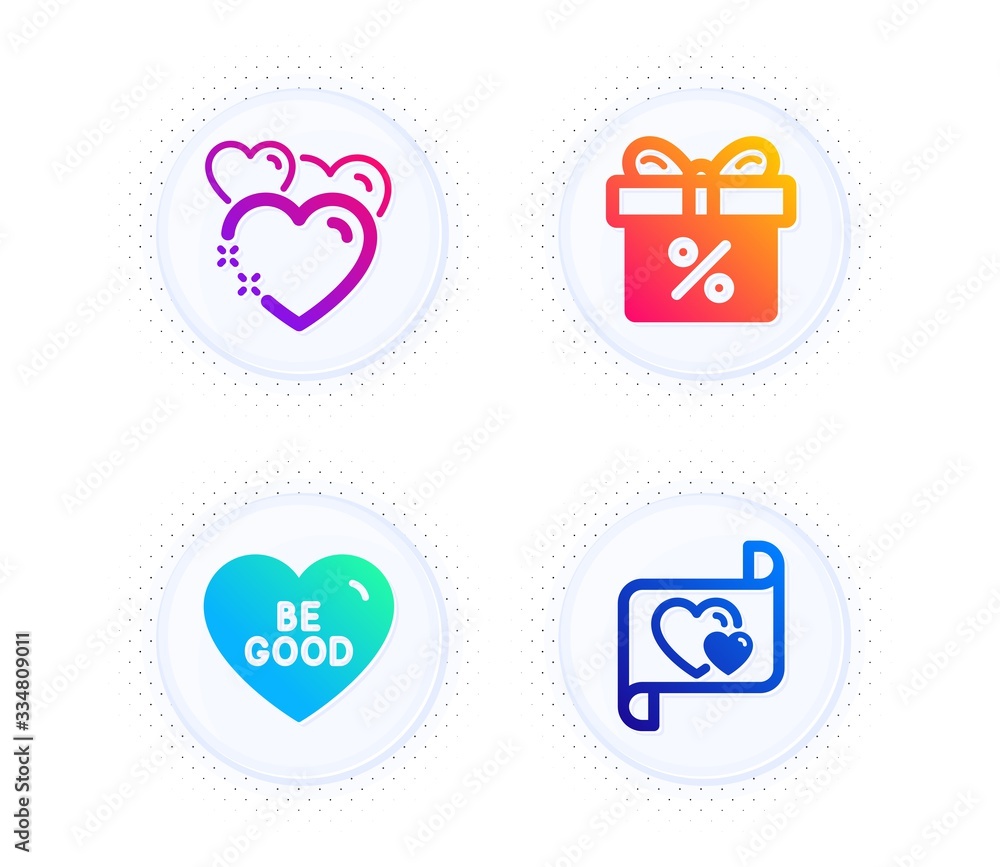 Be good, Heart and Discount offer icons simple set. Button with halftone dots. Love letter sign. Love sweetheart, Gift box, Heart. Holidays set. Gradient flat be good icon. Vector Be good, Heart and Discount offer icons simple set. Button with halftone dots. Love letter sign. Love sweetheart, Gift box, Heart. Holidays set. Gradient flat be good icon. Vector