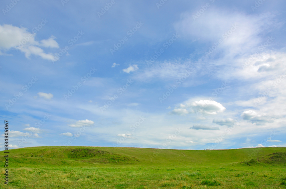 Green meadow with blue sky and clouds.