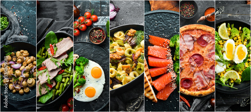 Food background. Collage of dishes and drinks on black stone background.