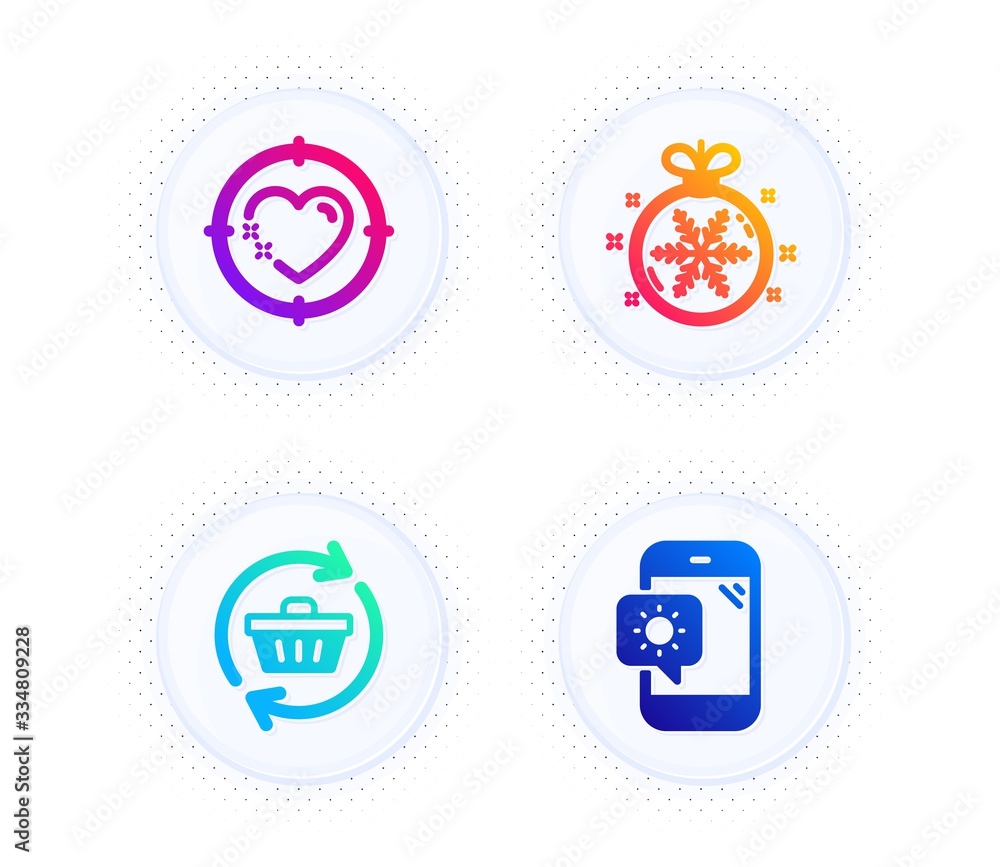 Refresh cart, Heart target and Christmas ball icons simple set. Button with halftone dots. Weather phone sign. Online shopping, Love aim, Snowflake. Travel device. Holidays set. Vector
