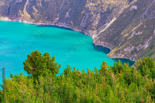 Turquoise waters of the Quilotoa crater lake with pine trees in the foreground, South of Quito, Ecuador.