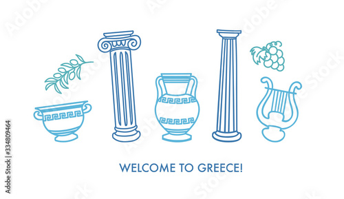 Welcome to Greece. Card design with famous Greek symbols. Hand drawn doodle elements isolated on white. Set of vector icons for tourism promotion.