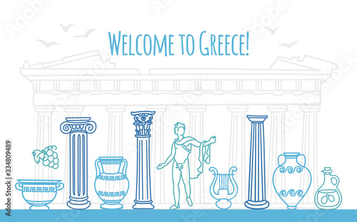 Welcome to Greece. Vector illustration of famous Greek symbols. Antique columns, ancient vases in trendy doodle style. Travel to Greece web banner and landing page design.