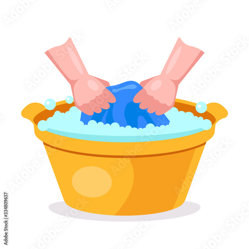 wash clothes in hand wash basins. flat vector illustration.