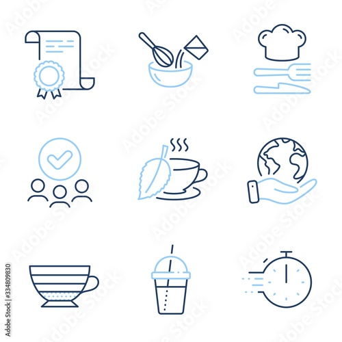 Cappuccino, Cooking whisk and Mint tea line icons set. Diploma certificate, save planet, group of people. Coffee cocktail, Food and Cooking timer signs. Coffee cup, Cutlery, Mentha beverage. Vector
