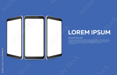 Realistic smartphones in black with a blank screen on a blue background, 3d, perspective, easy way to put a picture, screenshot or logo. Banner, poster, vector illustration