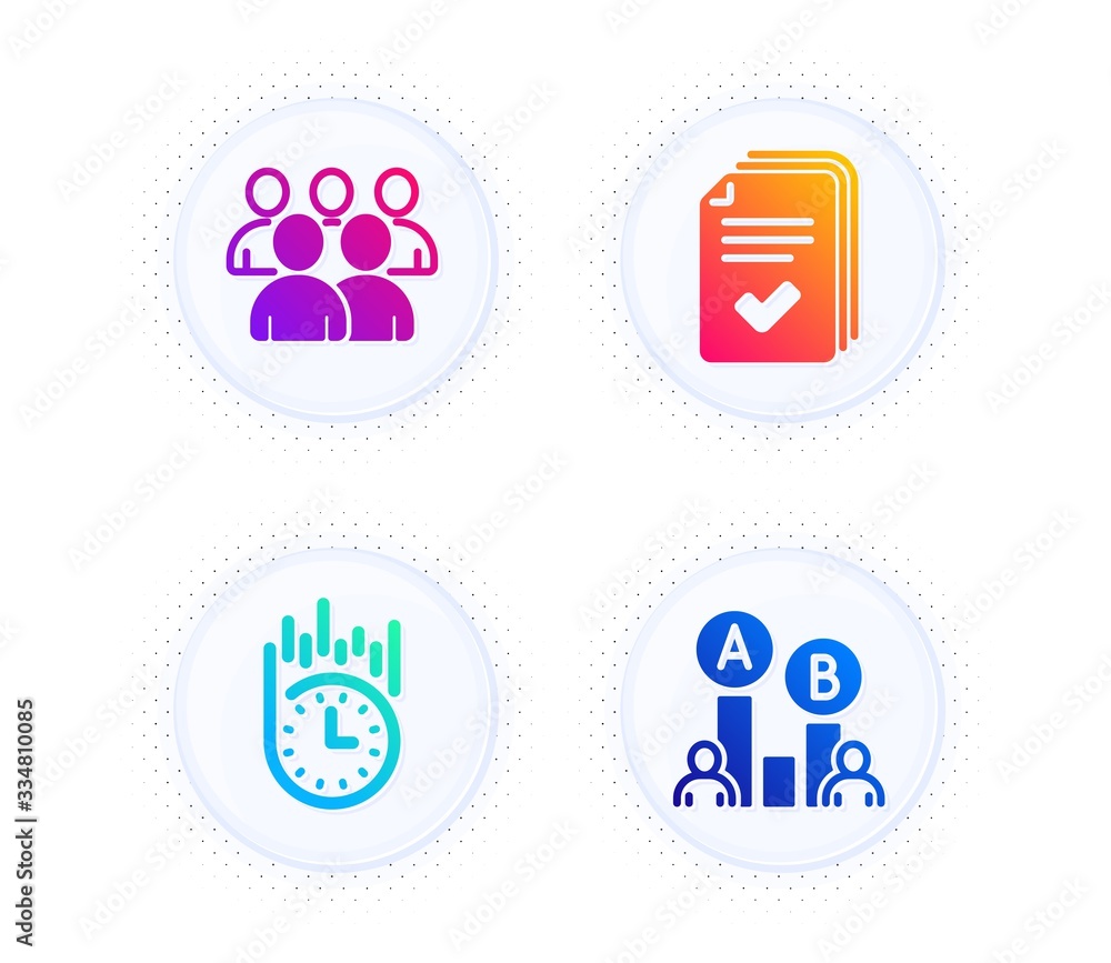 Fast delivery, Handout and Group icons simple set. Button with halftone dots. Ab testing sign. Stopwatch, Documents example, Developers. Test chart. Technology set. Vector