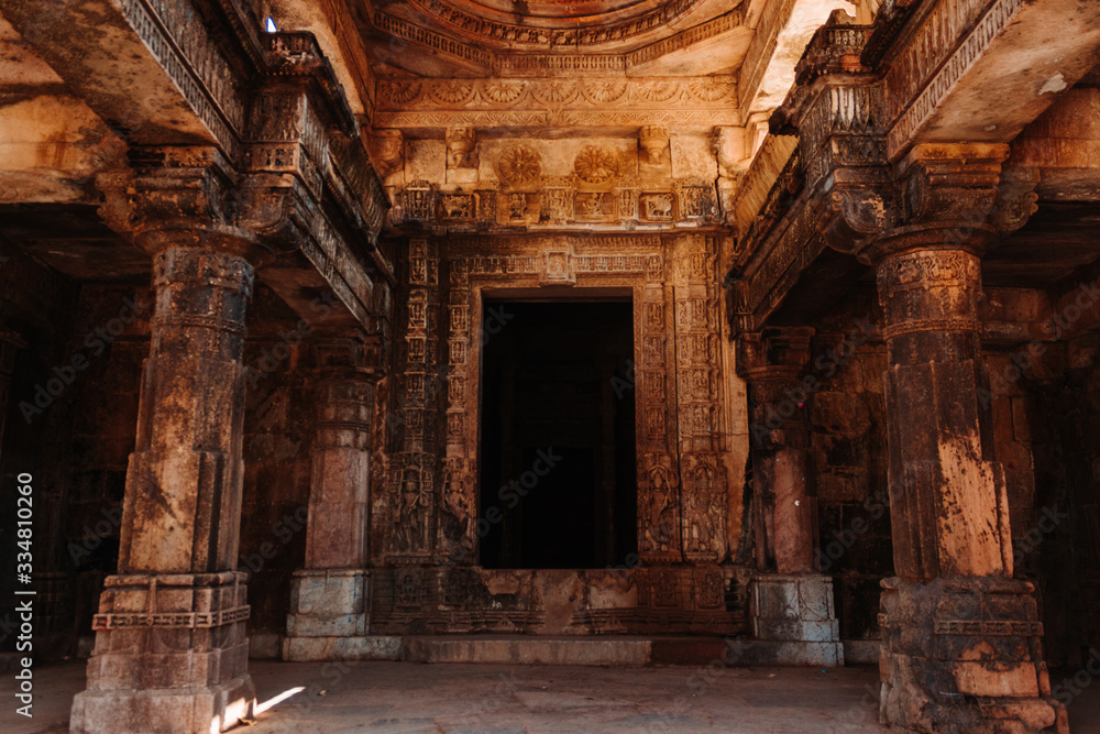 View of the interior of the Jain lakhena Temple at Polo Forest in Gujarat, India