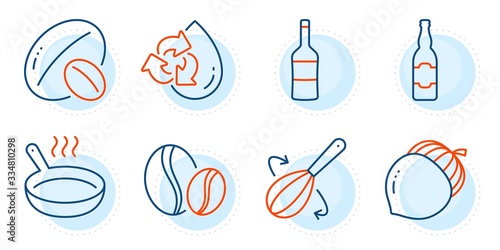 Acorn, Soy nut and Beer bottle signs. Recycle water, Frying pan and Coffee beans line icons set. Cooking whisk, Wine symbols. Refill aqua, Cooking utensil. Food and drink set. Vector