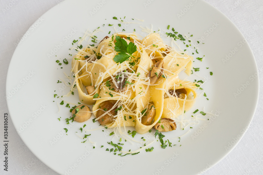 pappardelle pasta with porcini and cheese decorated with parsley