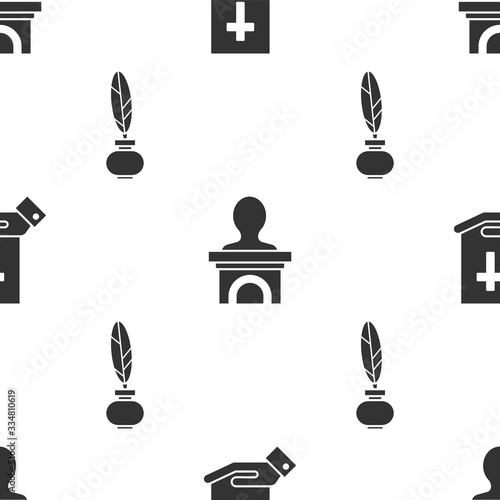 Set Oath on the Holy Bible, Stage stand or debate podium rostrum and Feather and inkwell on seamless pattern. Vector