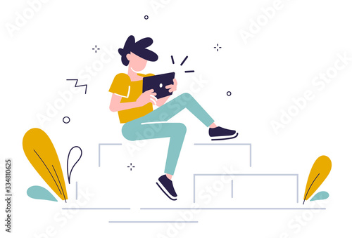 Vector creative business illustration of young man with tablet in a sitting pose on white background with plant. People place work at home.