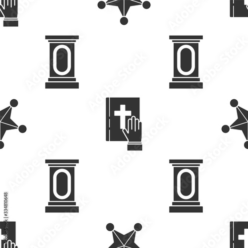 Set Hexagram sheriff, Oath on the Holy Bible and Stage stand or debate podium rostrum on seamless pattern. Vector